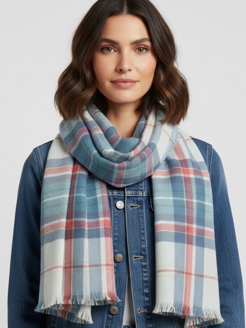 Talbots Plaid Fringe Scarf Wrap 72x29 Blue Pink